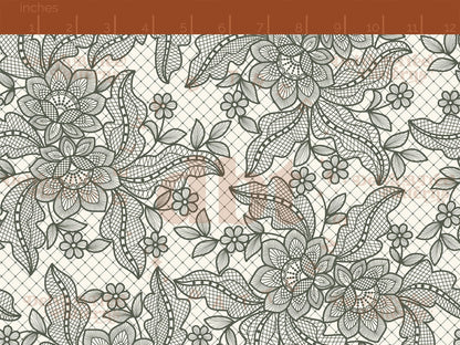 Thyme Green flowers, leaves and faux lace netting on an off white / ivory / cream background seamless pattern scale digital file for small shops that make handmade products in small batches.