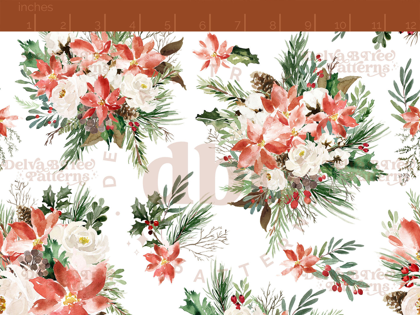 Watercolor Christmas Flowers seamless pattern digital file for small shops that make handmade products in small batches.