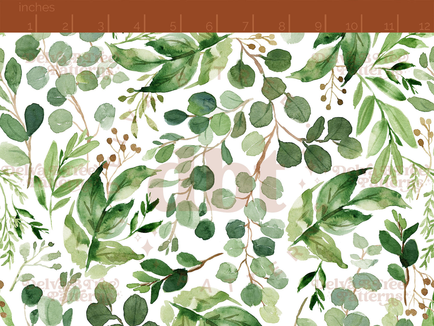 Watercolor Eucalyptus Leaves, Green Leaf Plants and Botanical Stems minimal cottagecore themed repeat pattern tile for small shops that make handmade products in small batches.