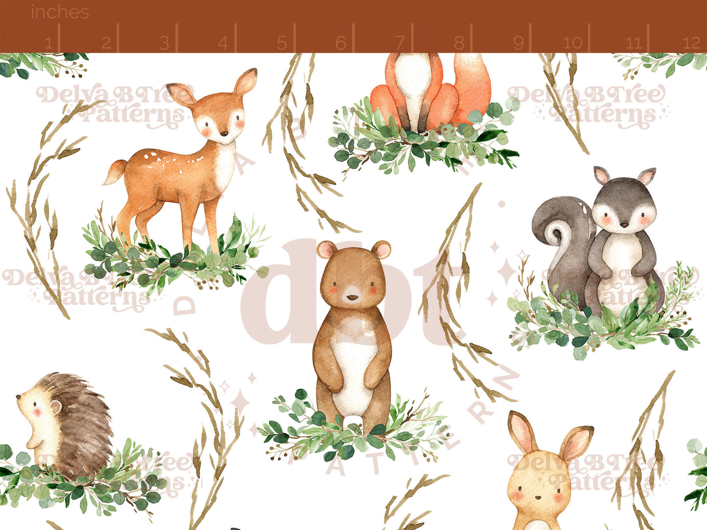 Watercolor Woodland Animals and botanical greenery eucalyptus leaves and tree branches seamless pattern digital file for small shops that make handmade products in small batches.