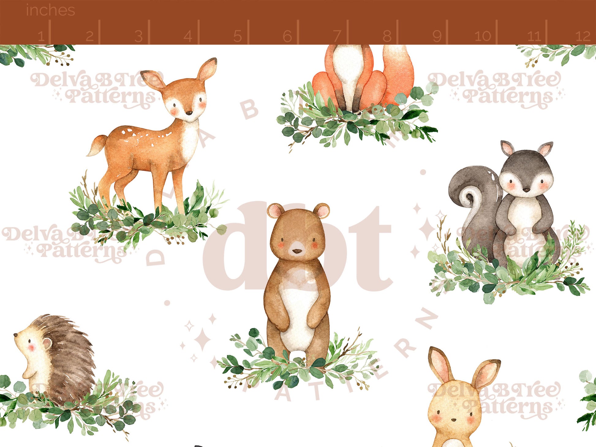 Watercolor Woodland Animals and botanical greenery seamless pattern digital file for small shops that make handmade products in small batches.