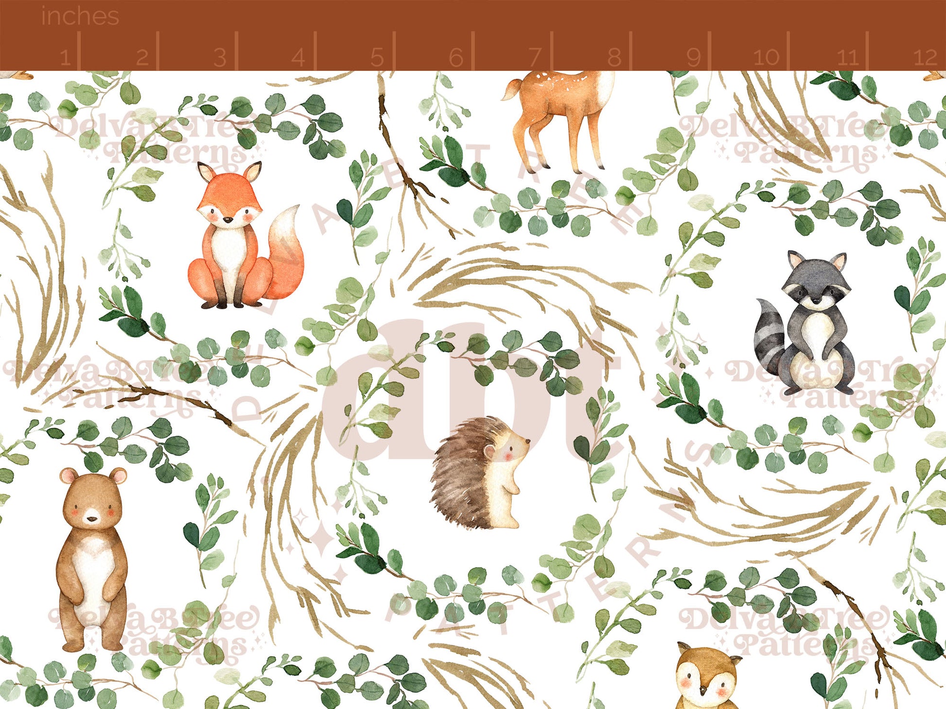 Watercolor Woodland Animals and botanical greenery eucalyptus leaf wreaths and tree branches seamless pattern digital file for small shops that make handmade products in small batches.