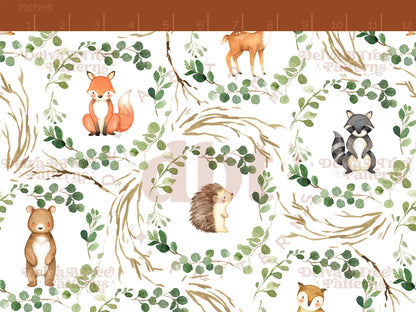 Watercolor Woodland Animals and botanical greenery eucalyptus leaf wreaths and tree branches seamless pattern digital file for small shops that make handmade products in small batches.