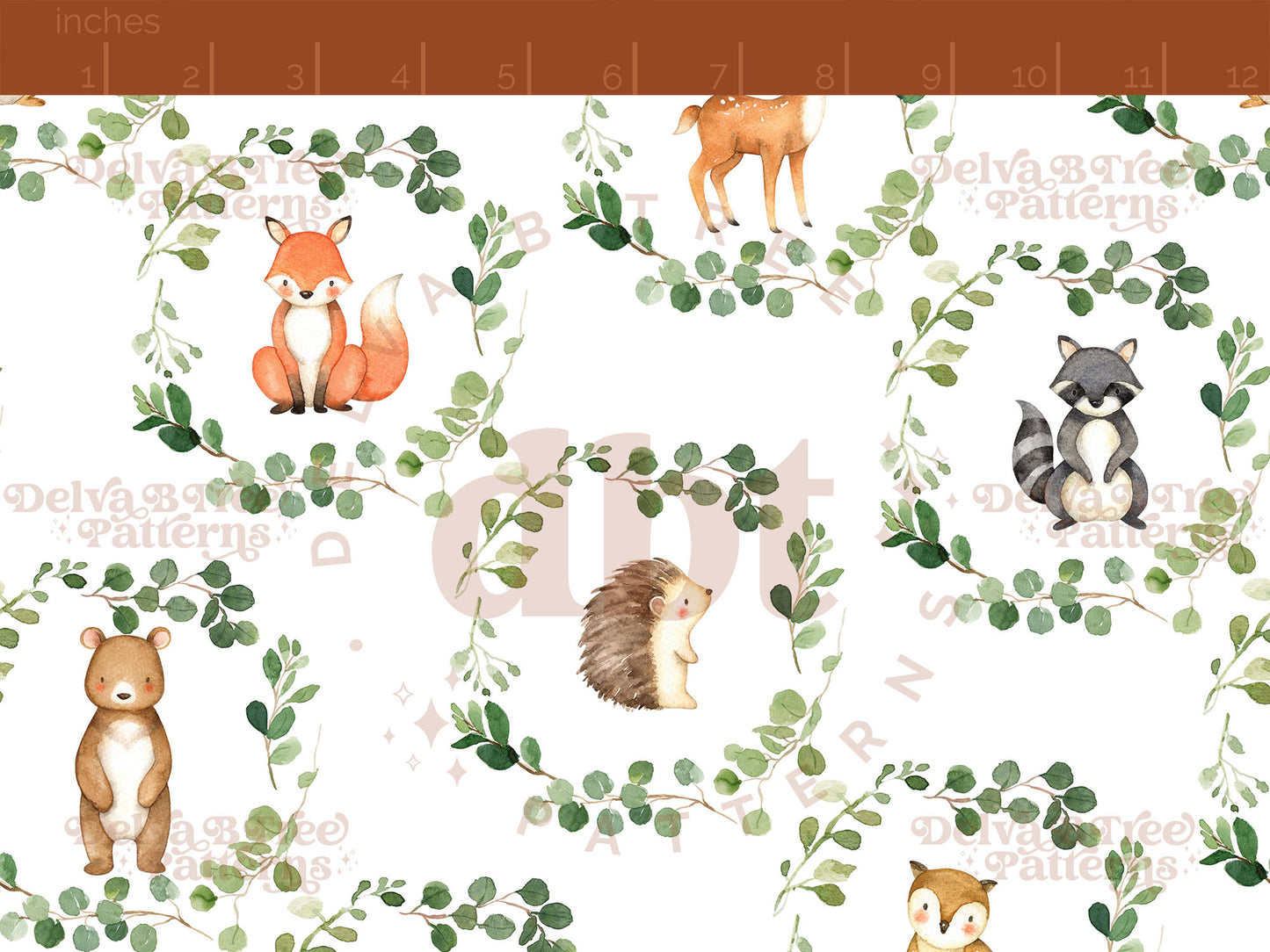 Watercolor Woodland Animals and botanical greenery eucalyptus leaf wreaths seamless pattern digital file for small shops that make handmade products in small batches.