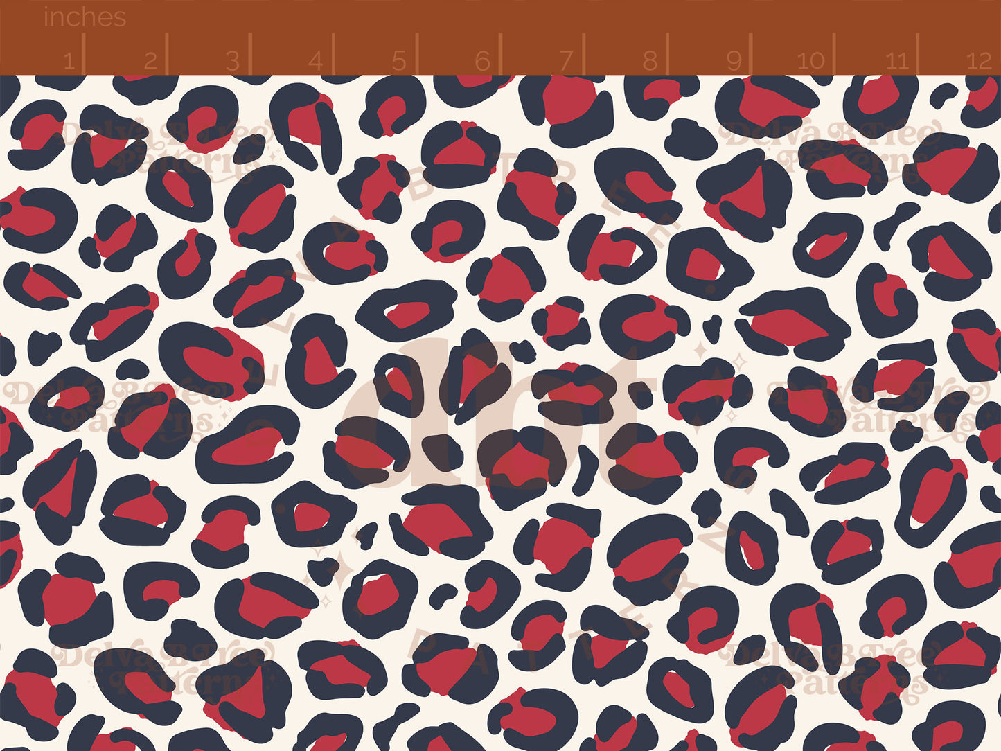 Red, off white and blue leopard print seamless pattern scale digital file for small shops that make handmade products in small batches.