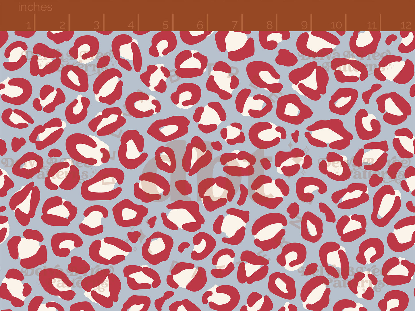 Red, off white and blue leopard print seamless pattern scale digital file for small shops that make handmade products in small batches.