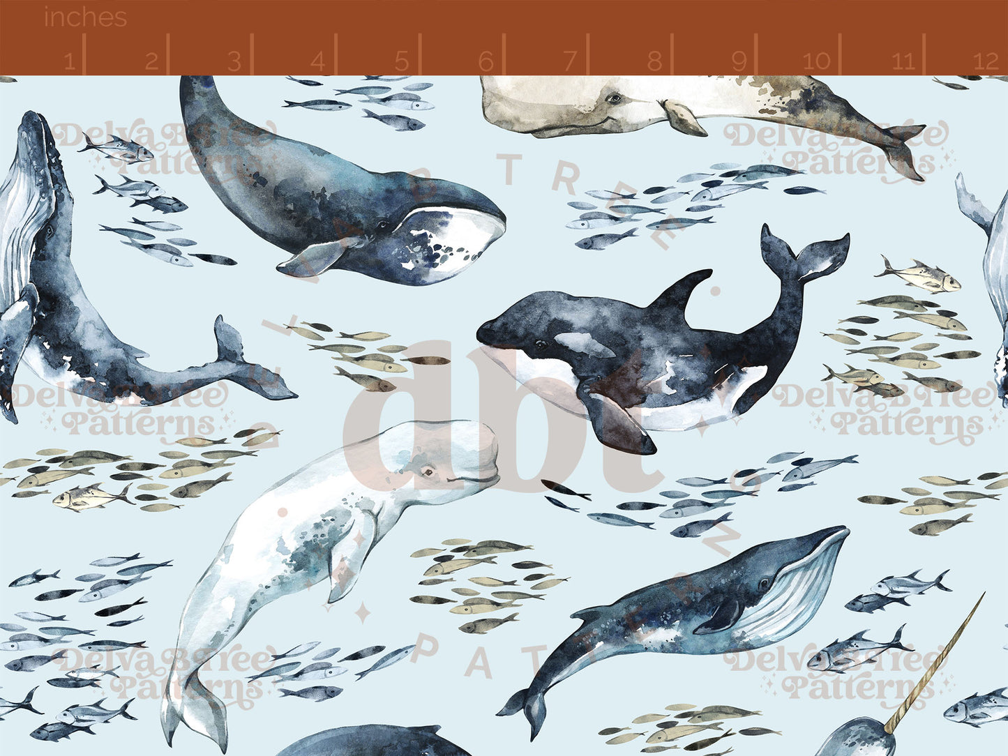 Watercolor Whale and Fish Seamless Pattern