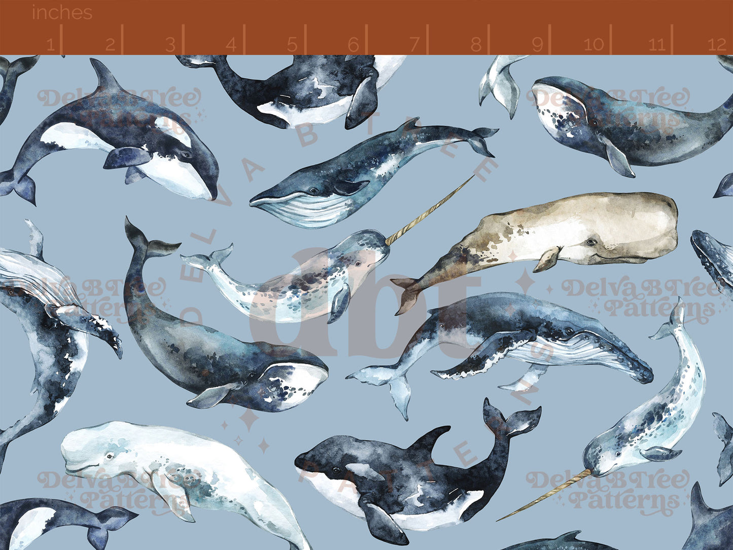 Seamless Repeat Pattern Instant Download Digital File with watercolor orca, beluga, narwhal, humpback and sperm whales on a blue background.