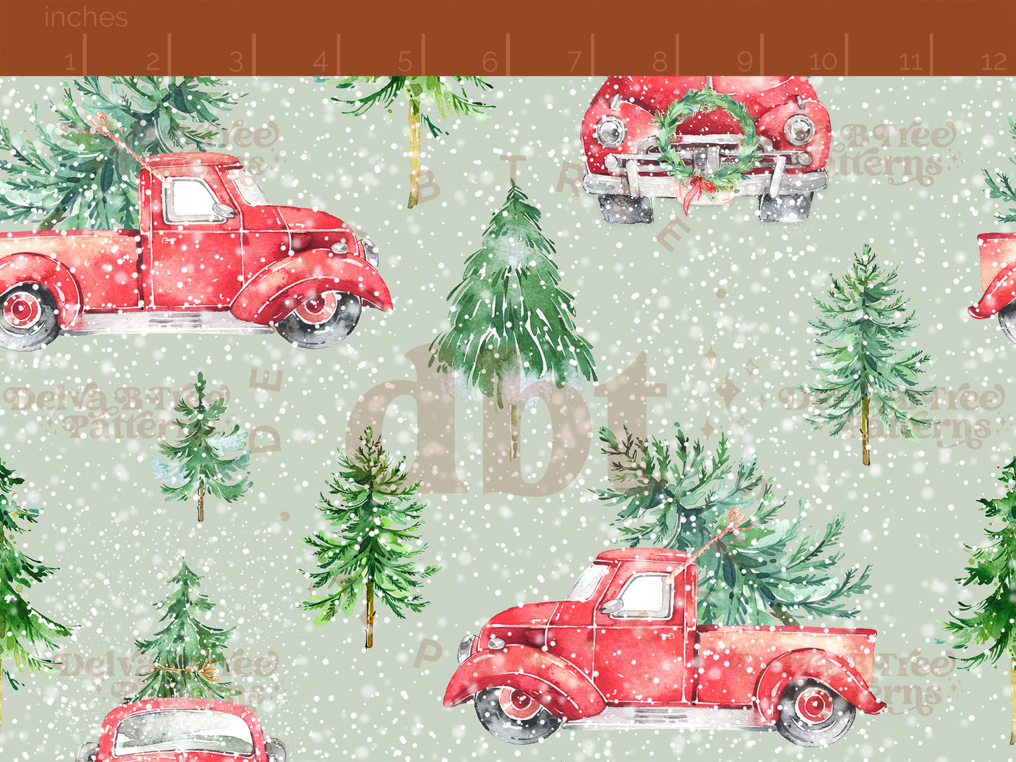 Watercolor vintage style Christmas Tree Truck seamless pattern digital file for small shops that make handmade products in small batches.