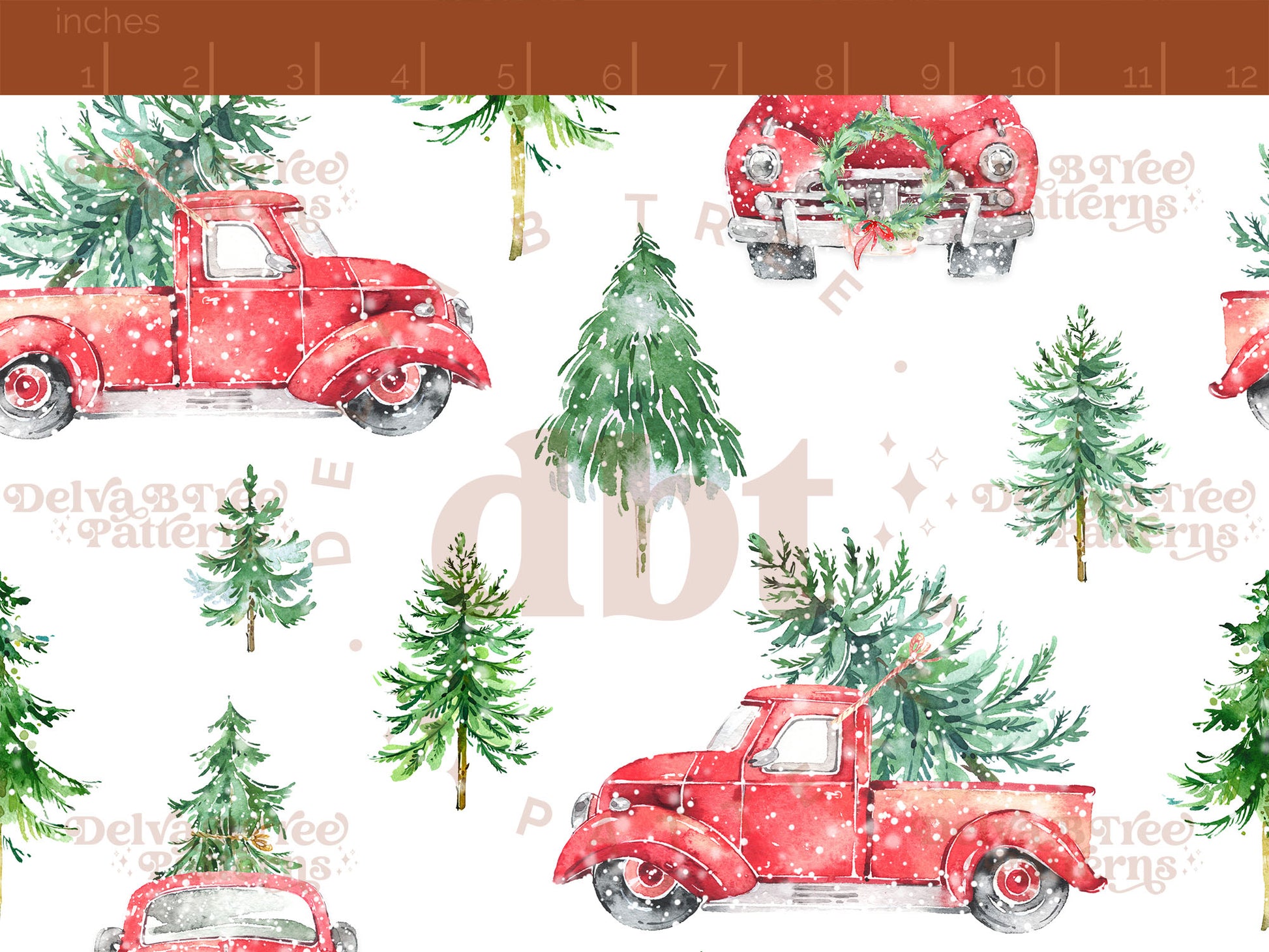 Watercolor vintage style Christmas Tree Truck seamless pattern digital file for small shops that make handmade products in small batches.