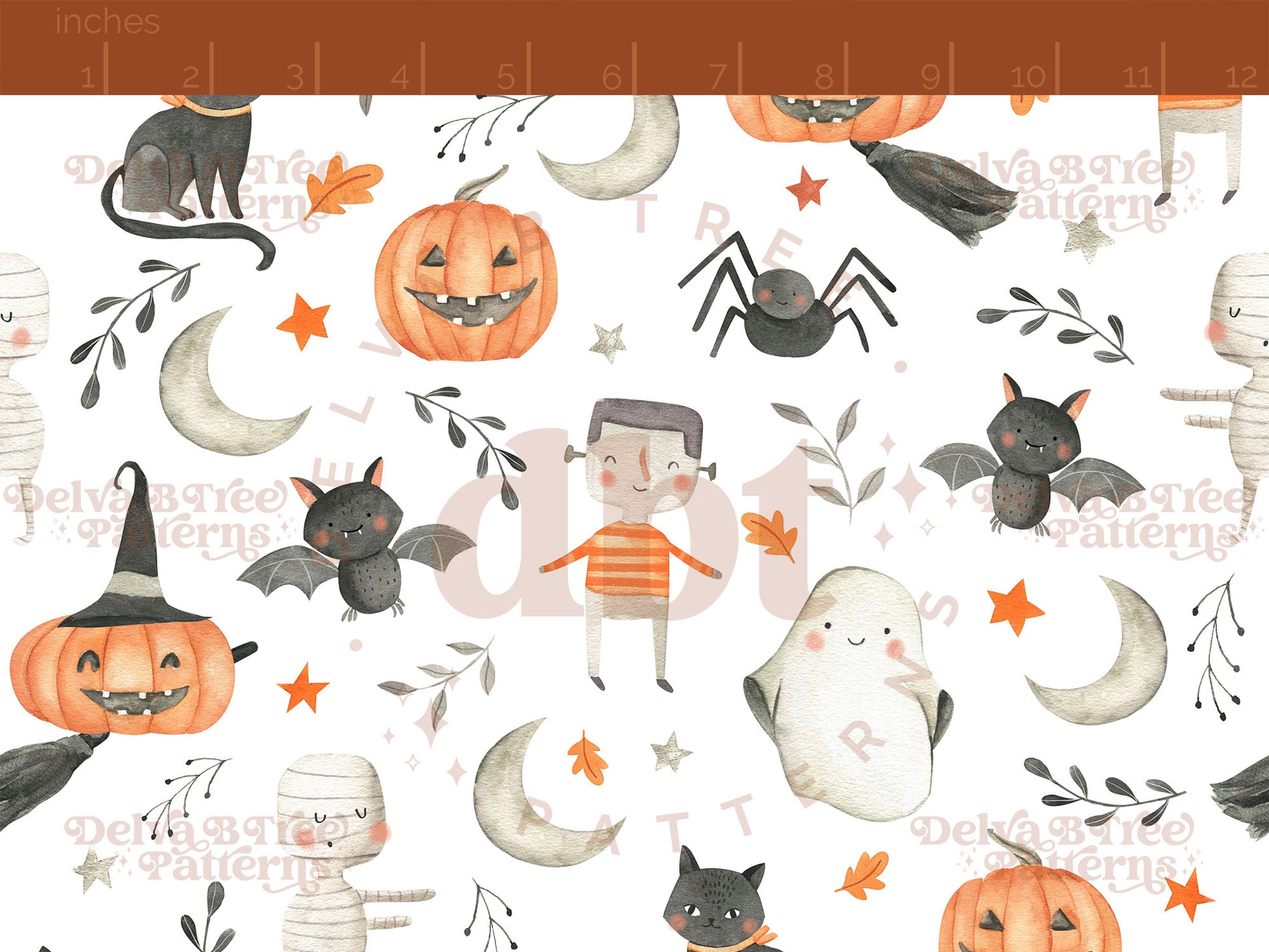 Watercolor cute kids Halloween seamless pattern digital file for small shops that make handmade products in small batches.