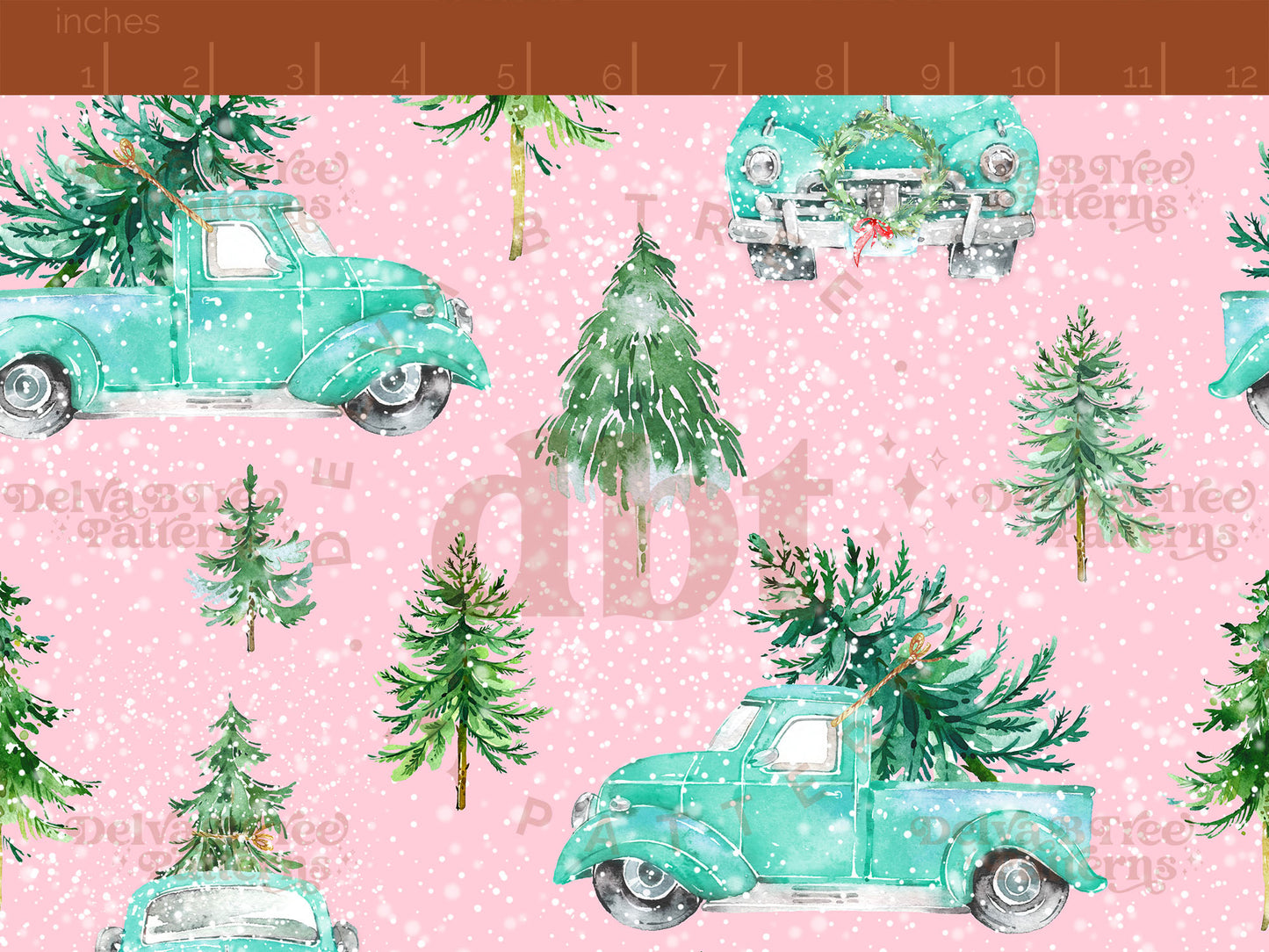 Watercolor 1950's vintage style Christmas Tree Truck seamless pattern digital file for small shops that make handmade products in small batches.