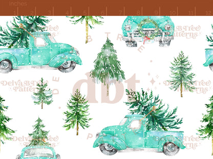 Watercolor vintage style Christmas Tree Truck seamless pattern digital file for small shops that make handmade products in small batches.