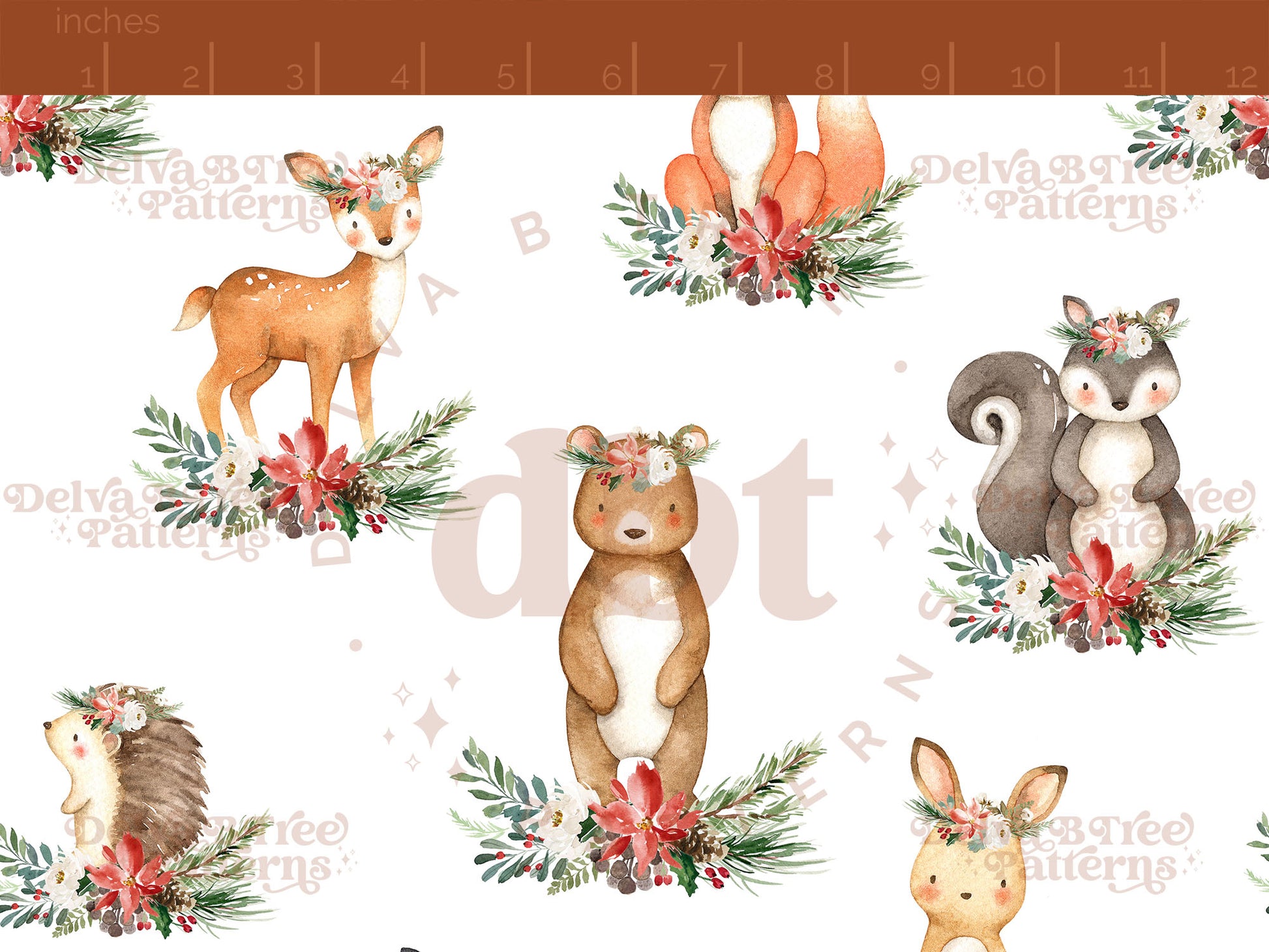 Watercolor Christmas Animals including a bear, deer, fox, squirrel, bunny rabbit, raccoon, owl and hedgehog with boho flower crowns on winter botanical leaves seamless pattern digital file for small shops that make handmade products in small batches.