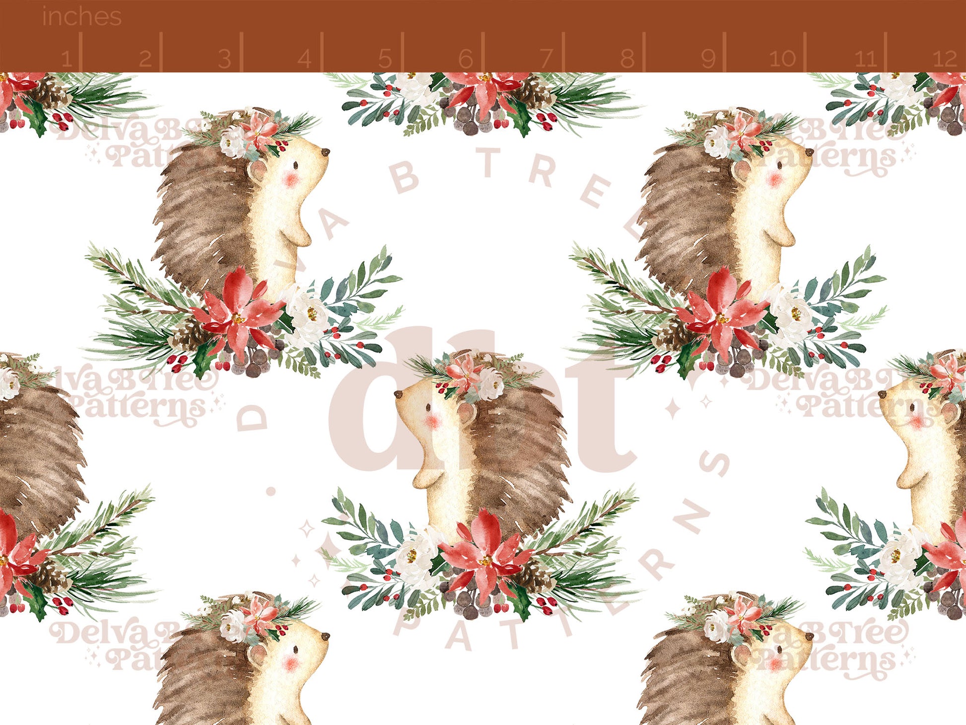 Watercolor Christmas Hedgehog with boho flower crowns on winter botanical leaves seamless pattern digital file for small shops that make handmade products in small batches.