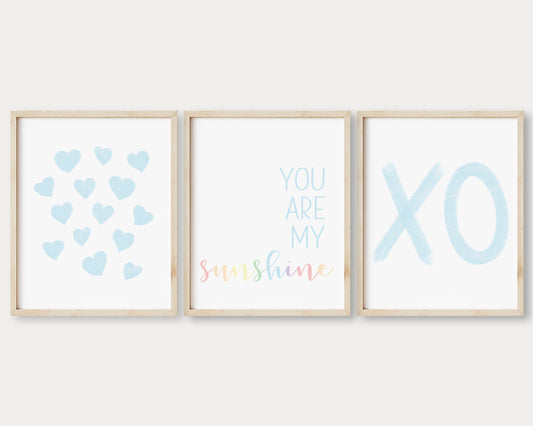 Baby Blue Hearts, XO and You Are My Sunshine Printable Wall Art Set of 3, Digital Download