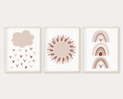 Neutral and Pink Cloud Raining Hearts Sunshine and Rainbows Printable Wall Art Set of 3, Digital Download