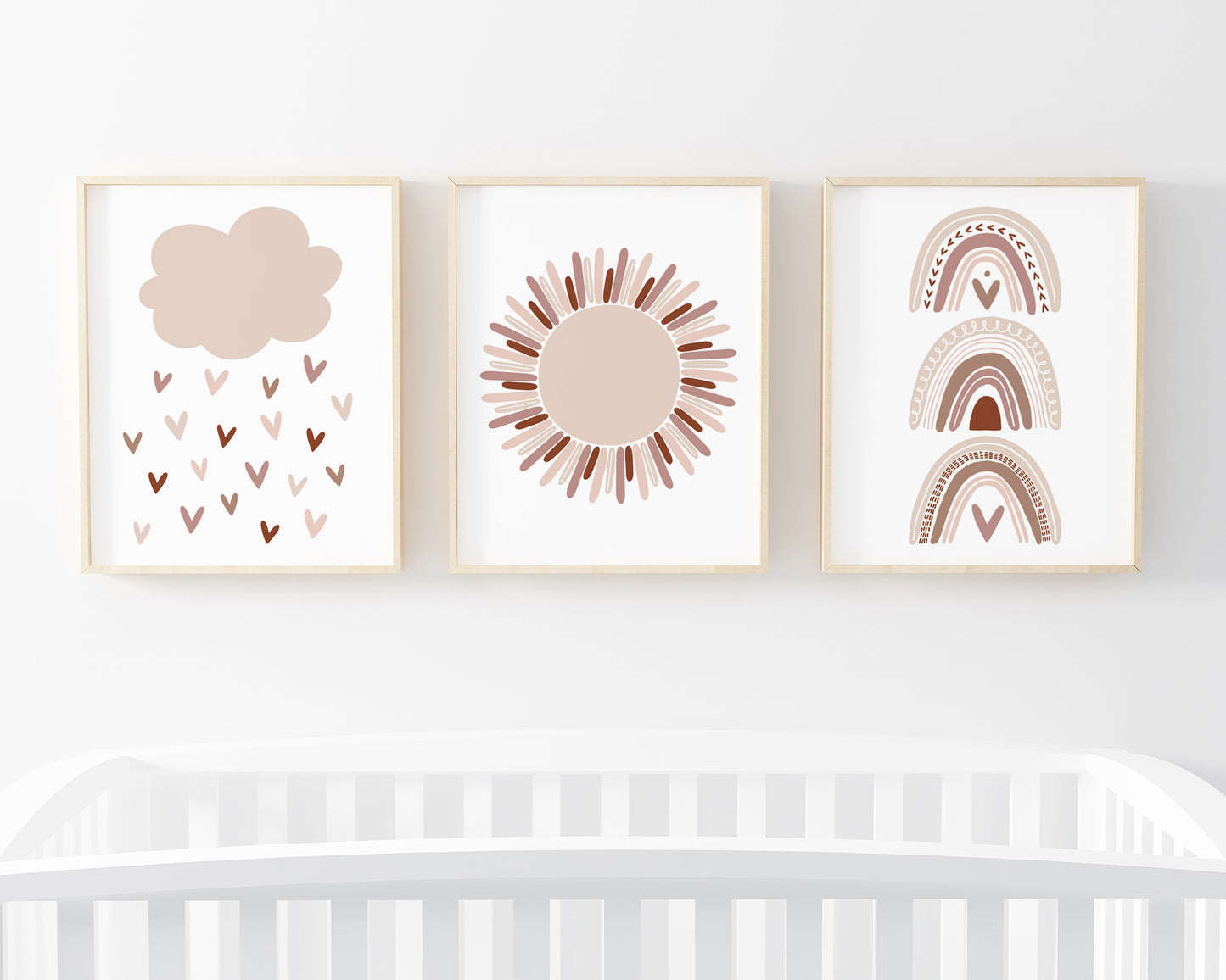 Neutral and Pink Cloud Raining Hearts Sunshine and Rainbows Printable Wall Art Set of 3, Digital Download