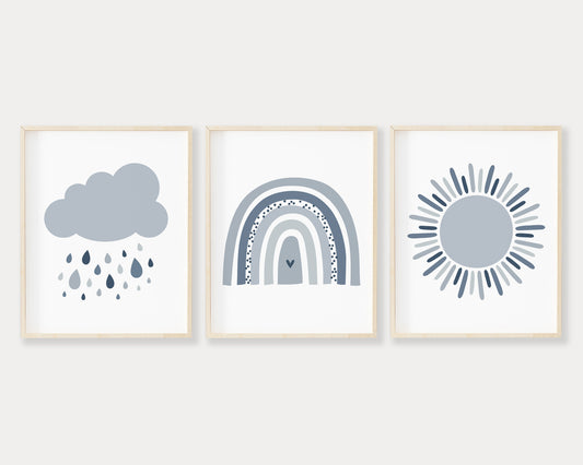 Blue Cloud, Sun and Modern Rainbow Printable Wall Art Set of 3, Digital Download