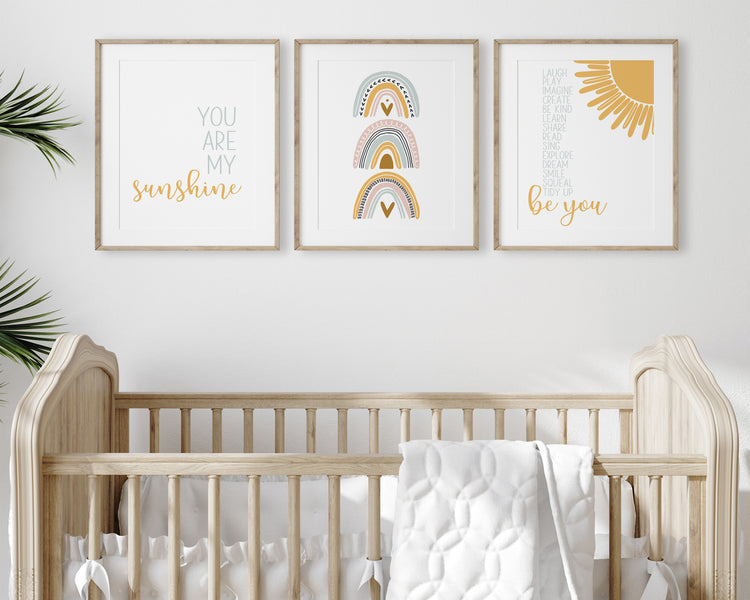 Little Boys Playroom Rules, Boho Rainbow, You Are My Sunshine Printable Wall Art Set of 3, Digital Download