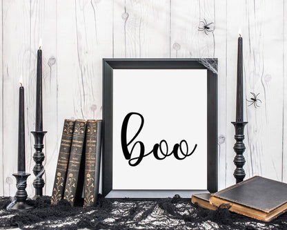 Boo Printable Wall Art, Black and White Halloween Quote Digital Download