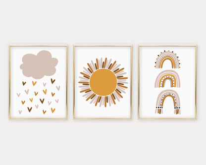 Earth Tone Cloud Raining Hearts, Golden Sun and Modern Boho Rainbow Printable Wall Art Set of 3, Digital Download