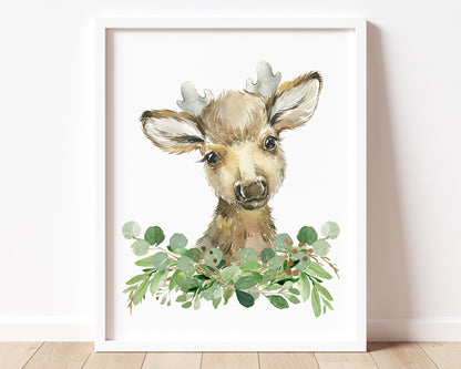 Watercolor Forest Animals and Botanical Greenery Printable Wall Art, Digital Download