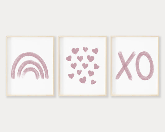 Mauve Rainbow Hearts and XO Printable Wall Art Set of 3, Digital Download