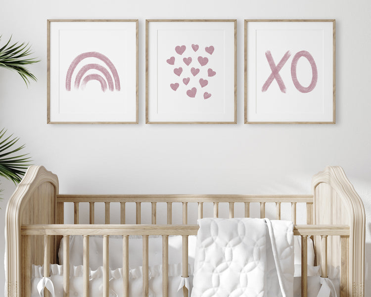 Mauve Rainbow Hearts and XO Printable Wall Art Set of 3, Digital Download