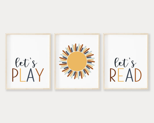 Let's Play Let's Read Sunshine Printable Wall Art Set of 3, Digital Download