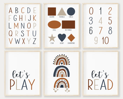 Navy Blue Alphabet Numbers and Shapes Printable Wall Art Set of 6, Digital Download