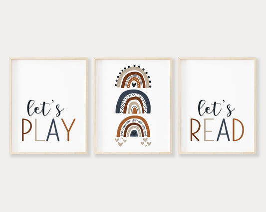 Navy Blue Let's Play Let's Read Rainbow Printable Wall Art Set of 3, Digital Download