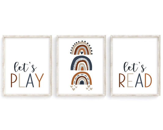 Navy Blue Let's Play Let's Read Rainbow Printable Wall Art Set of 3, Digital Download