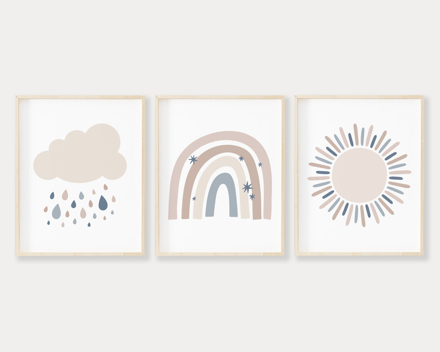 Neutral Cloud, Sun and Modern Rainbow Printable Wall Art Set of 3, Digital Download