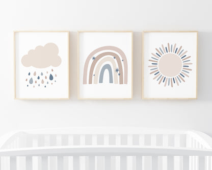 Neutral Cloud, Sun and Modern Rainbow Printable Wall Art Set of 3, Digital Download