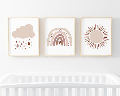 Neutral and Pink Cloud, Sun and Modern Rainbow Printable Wall Art Set of 3, Digital Download