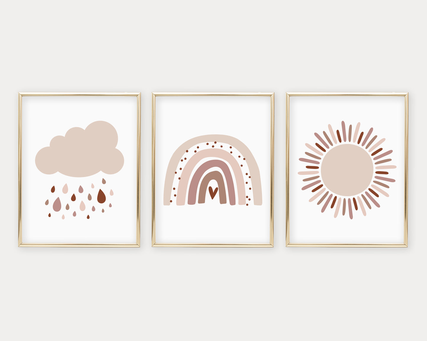 Neutral and Pink Cloud, Sun and Modern Rainbow Printable Wall Art Set of 3, Digital Download