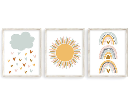Blue Cloud Raining Hearts, Yellow Sun and Boho Pastel Rainbow Printable Wall Art Set of 3, Digital Download
