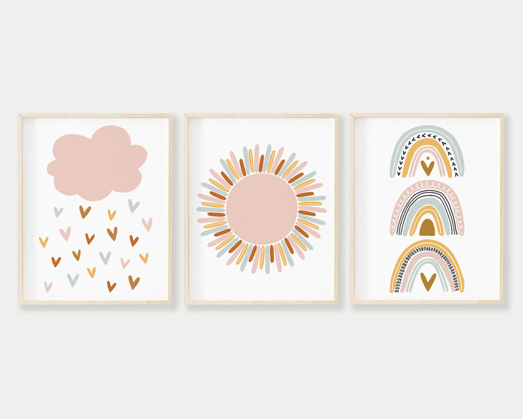 Pink Cloud Raining Hearts, Pink Sun and Boho Pastel Rainbow Printable Wall Art Set of 3, Digital Download
