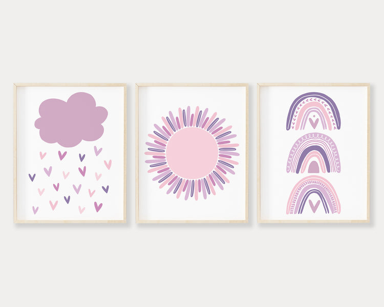 Purple Cloud Raining Hearts, Purple Sun and Boho Pastel Rainbow Printable Wall Art Set of 3, Digital Download