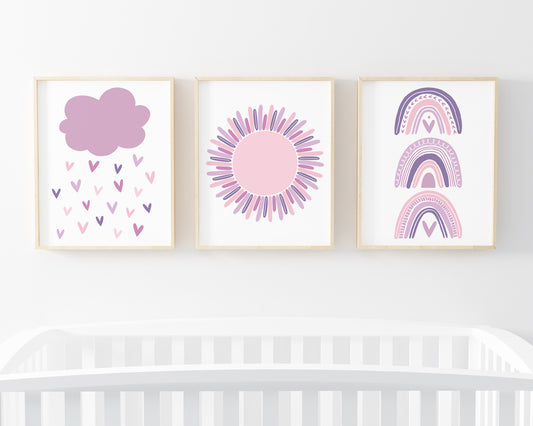 Purple Cloud Raining Hearts, Purple Sun and Boho Pastel Rainbow Printable Wall Art Set of 3, Digital Download