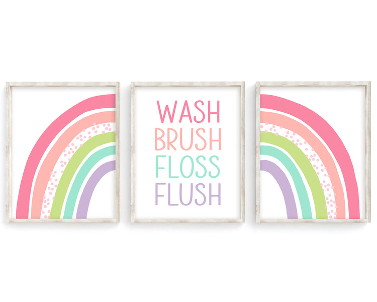 Bright Pastel Split Rainbow Wash Brush Floss Flush Printable Wall Art Set of 3, Digital Download
