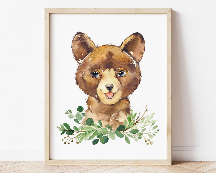 Watercolor Bear Greenery Woodland Printable Wall Art, Digital Download