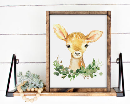 Watercolor Deer Woodland Greenery Printable Wall Art, Digital Download