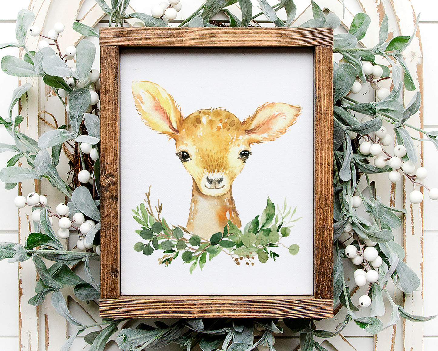 Watercolor Deer Woodland Greenery Printable Wall Art, Digital Download