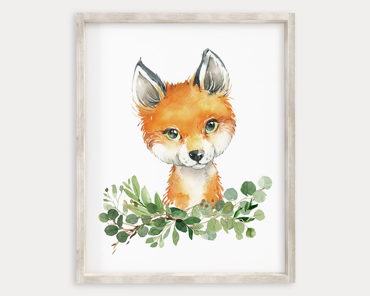 Watercolor Fox Woodland Greenery Printable Wall Art, Digital Download