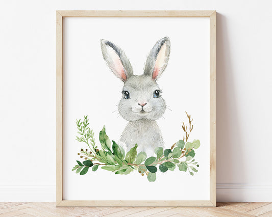 Watercolor Gray Bunny Rabbit Woodland Greenery Printable Wall Art, Digital Download