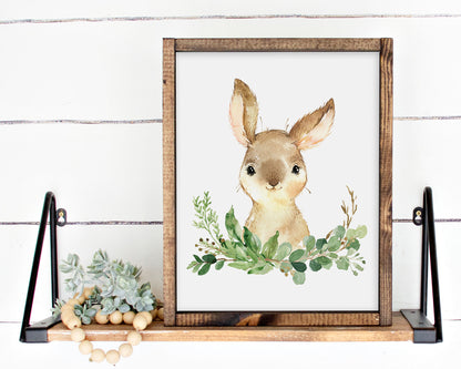 Watercolor Bunny Rabbit Woodland Greenery Printable Wall Art, Digital Download