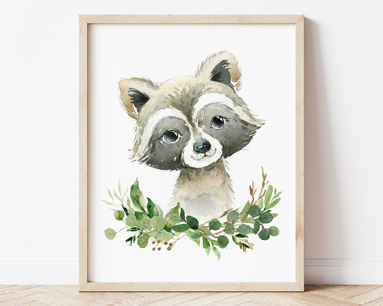 Watercolor Raccoon Woodland Greenery Printable Wall Art, Digital Download