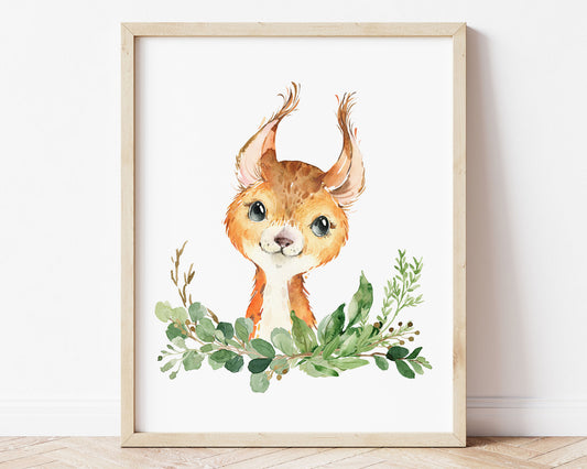 Watercolor Squirrel Woodland Greenery Printable Wall Art, Digital Download